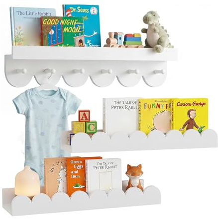 Anihet Floating Nursery Book Shelves with Hooks, Set of 3 Scalloped Wooden Wall Book Shelf, Books Toys Organizer for Bedroom Kids, Toddler Room, Baby Room, 40cm (White)