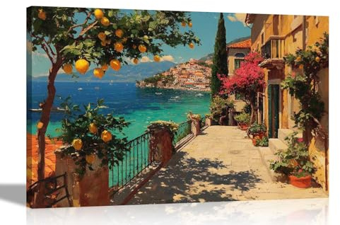 Artley Prints - Mediterranean Coast Landscape Lemon Tree Canvas Prints for Living Room Bedroom Hallway Decor Pictures Extra Large 101 x 76cm (40 x 30 inches)