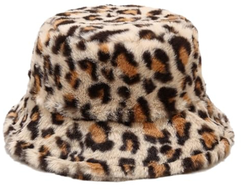 Damen Leopardenmuster Fischerhut, Appa Bucket Hat, Wintermütze Damen Fischerhut, Winter Fuzzy Eimer Hut, Flauschige Fischerhüte, für Urlaub Wandern Camping Einkaufen