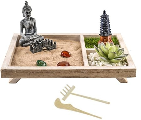 Japanischer Zenes Sandgarten Für Schreibtisch Mit Rechen Ständer Stein Desktop Miniatur Set Geschenk Für Frauen Und Männer Set Für Schreibtisch
