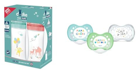 DODIE Kit Biberons + Sucettes : 2 biberons anti-coliques 330 ml Tétine Plate (+6 mois), 3 sucettes anatomiques JOUR/NUIT (+18 mois)