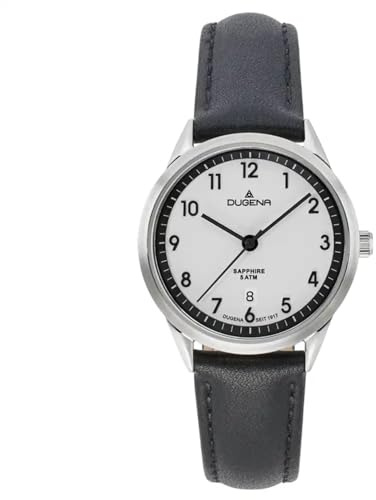Dugena Damen Armbanduhr Slim Line, Quarz, weißes Zifferblatt, Edelstahlgehäuse 28 mm, Saphirglas, Lederarmband schwarz, 5 bar