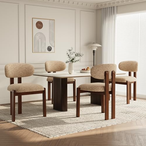 MALOL Esszimmerstühle 4er Set, Moderne Polsterstuhl Essstühle mit Holzbein, Stoff Esszimmerstühl mit Fester Rückenlehne für Esszimmer, Küche, Restaurant, Mit dunkelbraunen Beinen, Kamel