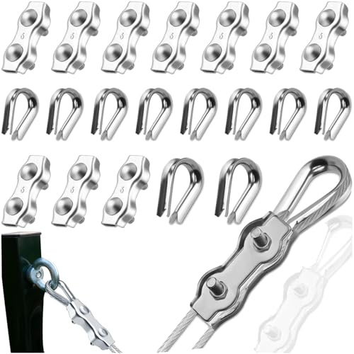 20 Stück Drahtseilklemme M6 Set, Edelstahl 304 Duplex Klemme Drahtseil Clip | Duplex Klemme mit 10 Stück Seilklemmen & 10 Stück Drahtseil Kauschen 6mm für Stahlseil Wäscheleinenspanner Markise Fixiert
