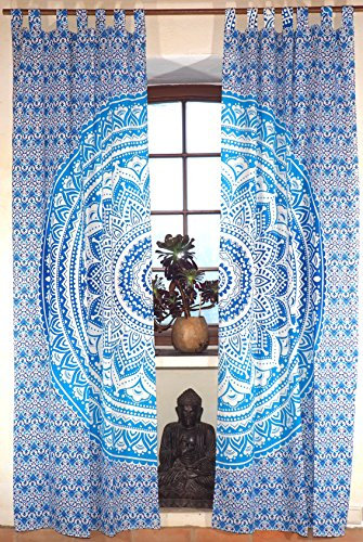 GURU SHOP Boho Vorhänge, Gardine (1 Paar) mit Schlaufen, Handbedruckter Ethno Style Vorhang, Mandala Motiv - Weiß/blau, Baumwolle, 215x100x0 cm
