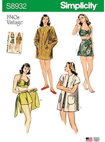 Simplicity Sewing Pattern S8932 Misses' Vintage Bikini Top, Shorts, Wrap, Skirt and Coat