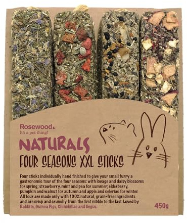 Rosewood Naturals Four Seasons XXL Sticks – Vegetable & Herb Small Animal Treats, Four Delicious Flavours for Rabbits, Guinea Pigs, Chinchillas & Degus (4 Sticks)