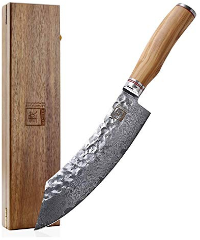 zayiko Minami Premium Blockmesser mit 20 cm Klinge gefertigt aus 67 Lagen echtem Damaststahl mit Hammerschlag und Olivenholzgriff I Holzbox I Damastmesser Küchenmesser und Profi Kochmesser