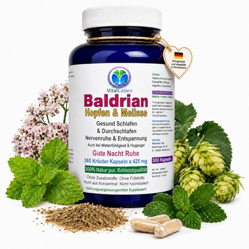 BALDRIAN + HOPFEN + MELISSE 360 Kapseln GUTE NACHT Nerven beruhigen, Entspannung, gesunder Schlaf, innere Balance, abschalten auf natürliche Art. NATUR pur. OHNE ZUSATZSTOFFE. 26660-360