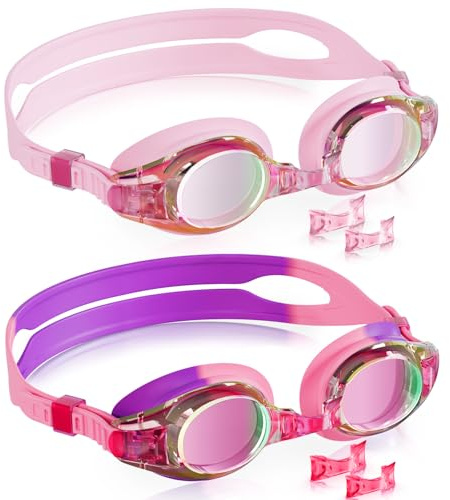 Aegend 2 Pack Kids Goggles, Swimming Goggles for Kids Age 4-16 Boys and Girls Youth, Anti-Fog Pool Goggles, Bright Lavenderish & Crisp Pink