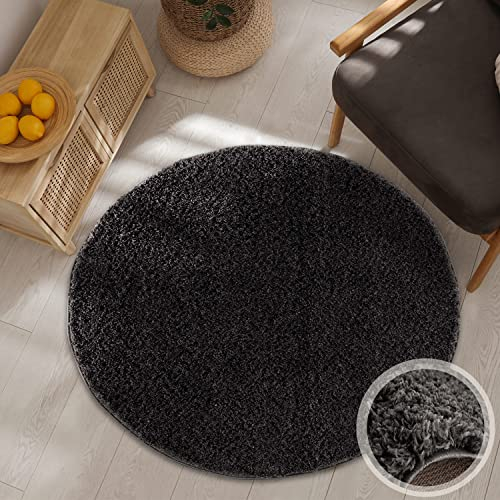 carpet city Hochflor Teppich Wohnzimmer - Einfarbig Schwarz - 200x200 cm Rund - Shaggyteppich Langflor Uni - Schlafzimmerteppich Flauschig Weich - Moderne Wohnzimmerteppiche