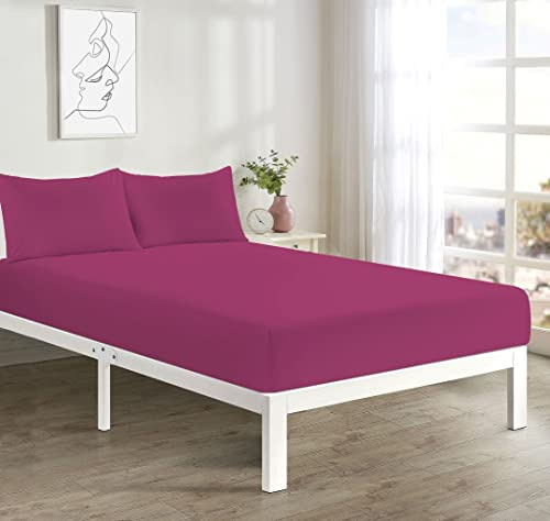 Comfort Collections Spannbetttuch mit 2 passenden Kissenbezügen, Polyester-Baumwollperkal, pflegeleicht, unifarben, Fuchsia, kleines Doppelbett, 122 cm