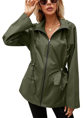 SotRong Vestes imperméables pour femme - Veste de pluie légère à capuche pliable - Veste de pluie décontractée à fermeture éclair - Trench d'extérieur tendance pour femme, vert militaire, S