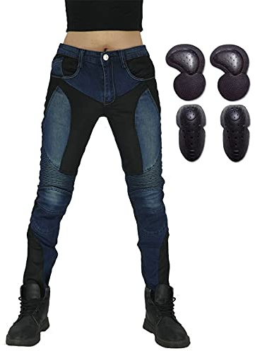SHAIYOU Pantalones De Moto Para Mujer,Vaqueros De Motociclista Carreras Elástico Senderismo Pantalones Con Bolsillos Y 4 Almohadillas Protectoras Desmontables (Azul,M)