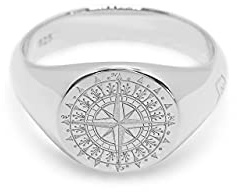 Herren Ring Silber 925 Sterling Silver mit Kompass Gravur rund poliert massiv | Premium Männerschmuck mit Geschenkverpackung (58, Kompass Rose)