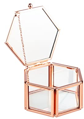 Feyarl Boîte à bijoux en verre géométrique pour bagues, bijoux, idéale pour bricolage, mariage, fête des mères, cadeau de fête des mères, or rose, 8 cm