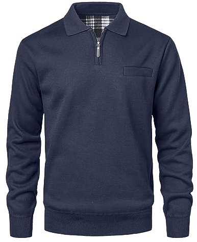 Yukirtiq Maglioni Uomo Invernali Collo Polo con Zip Pullover Maglioncino Fodera in Pile Maniche Lunghe Sweatshirt con Tasca Giacca in Maglia Morbido, Blu, XL