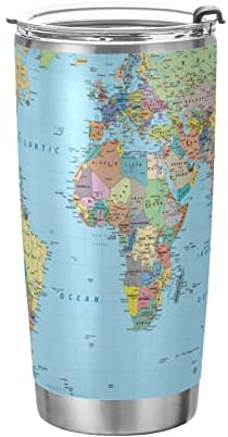 Poeticcity Colorful World Map with Turquoise Ocean Background Tumbler with Lid and Straw, BPA-Free Vacuum Insulated Thermal Coffee Mug 20oz,Stainless Steel Double Wall Travel Cup Water Bottle