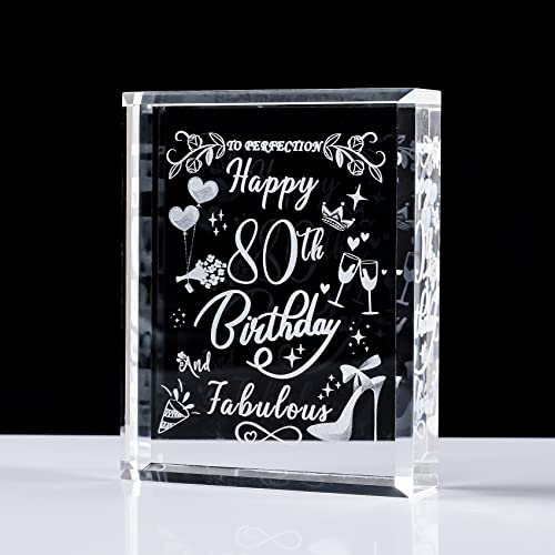 Crystal 80th Birthday Gifts for Women, Laser Engraved Happy 80th Birthday and Fabulous, 80 Years of Age Glass Plaque Keepsake Presents for Mum Grandma Home Decor Ornaments