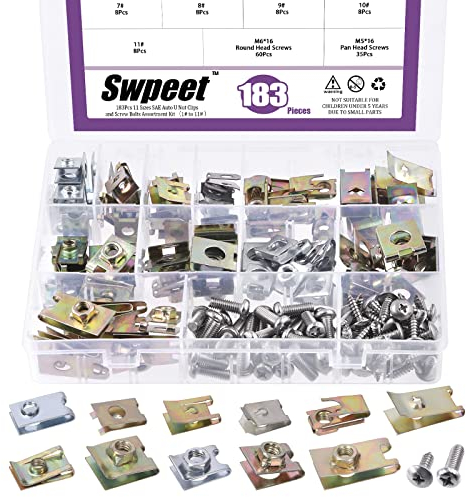 Swpeet 183 Stück verzinkte Auto-U-Clip-U-Mutter und Schrauben-Sortimentskit, Auto-Clips, Befestigungen für Armaturenbrett-Türverkleidung, Innenraum SAE