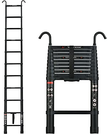 Échelle Télescopique en Aluminium, Échelle Pliable de 10,5FT/3,2m avec 2 Crochets Détachables, Échelle Extension Polyvalente pour Travail Domestique ou Extérieur, Capacité Maximale de 330lb, Noir
