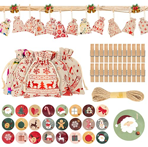 OPUHOHR 24PCS Weihnachten Jutesäckchen Klein, 10 * 14 CM Stoffsäckchen mit Zugband, Weihnachten Geschenksäckchen mit Zahlen Aufkleber, Mini-Holzklammern und 10m Jute Hanfseile