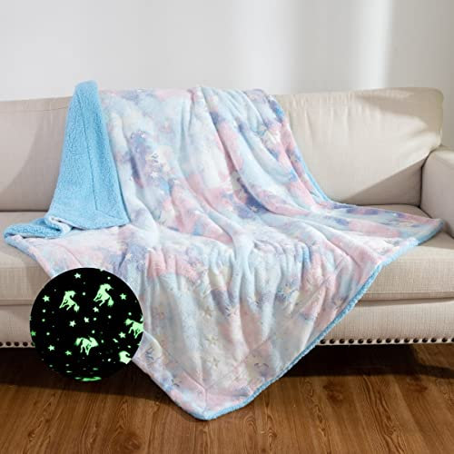 Leuchtende Decke, Einhörner, Geschenke, super weich, flauschig, leicht, luxuriös, gemütlich, warm, flauschig, Sherpa, bunte Mikrofaserdecke für Bett, Couch, Wohnzimmer