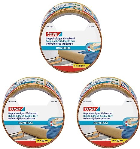 tesa Doppelseitiges Klebeband Universal - Vielseitiges Klebeband für Verpackungen, Deko und Teppiche oder zum Basteln - 5 m x 50 mm (Packung mit 3)