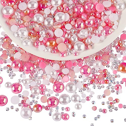 BEEFLYING Flat Back Half Pearls Beads for Crafting, Pink Mix 60g | 3mm-10mm Half Pearl Rhinestone, for Nail Face Art Tumblers Bottles Clothes Gift Card Jewelry Decor Crafts