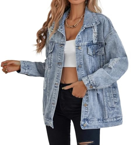 Giacca di jeans oversize per le donne giacca di jeans strappata boyfriend manica lunga Trucker Coat