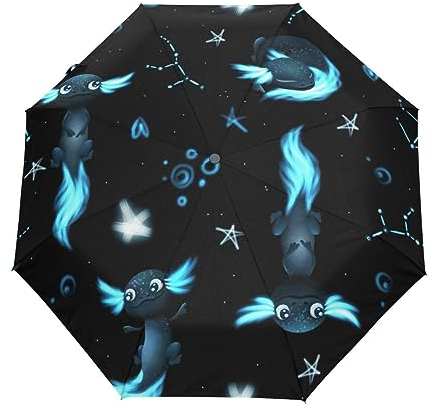 GAIREG Blauer Axolotl Regenschirm mit Fischmotiv, winddicht, kompakt, automatisches Öffnen und Schließen, faltbar, für Damen und Herren