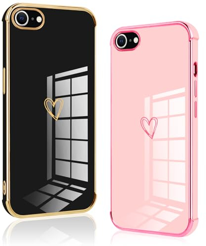 Vauki 2 Pièces Coque pour iPhone 8/iPhone SE 2020/iPhone 7/SE 2022, Silicone Antichoc Housse, Étui avec Motif Coeur et Bordure Dorée pour iPhone 8, Noir et Rose
