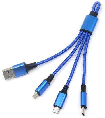 DUXIAOSHA Multi USB C Charger Cable 15CM, 3-in-1 Short USB C Fast Charging Cable Keychain Cable with iP/Micro USB Type C Connector for Cell Phones Tablets and More - Blue