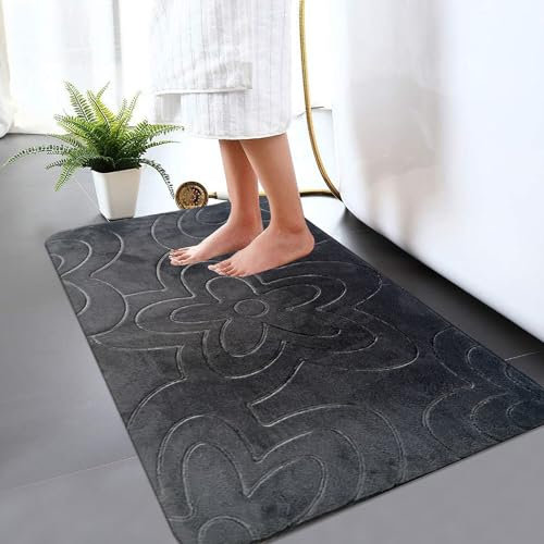 B&B Memory Foam Bath Mat - Beautiful Embossed Flora Design Non Slip Anti Mould Shower Mat Water Absorbent Toilet Pedestal Bathroom Mat - Door Mat 50 x 80 cm, Charcoal