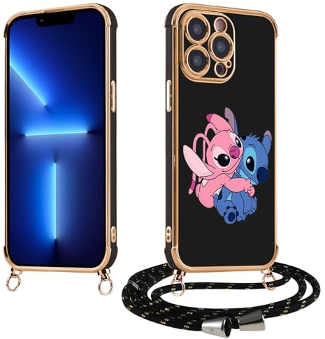 Handykette Handyhülle für iPhone 8 iPhone 7 iPhone SE 2022/2020 4.7, Silikon Galvanik Hülle mit Niedlich Stitch Muster, Kordel zum Umhängen Handyhülle mit TPU Handy Band Schutzhülle,Schwarz 02