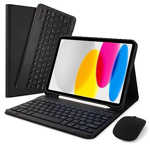 LAMA Custodia per Tastiera con Mouse per iPad 10a Generazione 11 2022 (A2696/A2757/A2777), Custodia Protettiva Sottile con Custodia per Tastiera Bluetooth Wireless Staccabile e Mouse e Portamatite