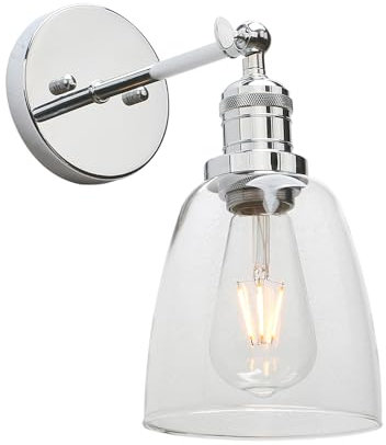 Pathson Applique Murale Intérieure, Reglable Vintage Verre Cloche Abat-jour Lampe Murale E27 Luminaires et Éclairage pour Salle de bain, Salon, Ferme (Chrome)