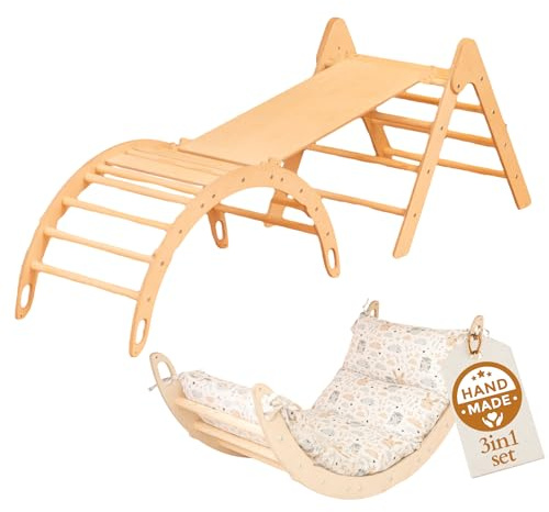 WoodsCraft 3in1 Set: Kletterdreieck mit Rutsche Indoor/Klettern Rampe & Kletterbogen mit Kissen | Holz Montessori Klettergerüst Indoor Spielgeräte & Spielplatz | Klettern Kinder Indoor & Klettern Baby