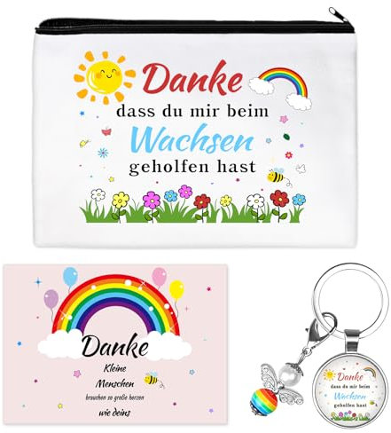 Abschiedsgeschenk für Erzieherin, Weißes Mäppchen Make-up Tasche mit Dankeskarte und Schutzengel Schlüsselanhänger, Dankeschön Geschenk abschiedsgeschenk Erzieherin Lehrerin Kita Kindergarten Lehrer