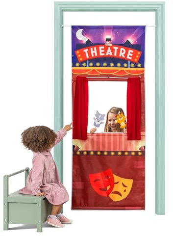 Pop-Up Play Town Puppet Theatre Hanging Doorway, Kids Role Play Toys with Curtain and Tension Rod, Puppet Show for Kids 3-7