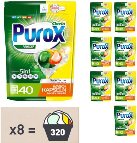 PUROX UNIVERSAL Detergente Lavadora Cápsulas (40 Lavados x8) – para todo tipo de tejidos, elimina manchas, protege colores, totalmente enjuagable, ecológico, Doypack Multipack 8 Unidades
