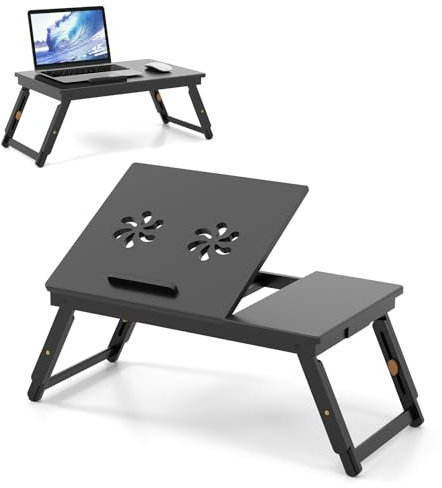 LIFEZEAL Table de Lit Pliable en Bambou, Plateau Inclinable, Hauteur Réglable, Support Ordinateur Portable Avec Trous de Refroidissement, Tiroir, 53x33x20-26,5 cm, Noir