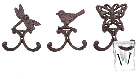 your castle Set di 3 ganci con motivo animale: uccello, libellula e farfalla, ganci decorativi da parete in ghisa, 11,5 x 3,5 x 13,5 cm