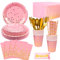 Vajilla de Fiesta Rosa,193pcs Juego de Cubiertos de Fiesta Rosa Incluye Rosado Puntos Dorados Platos Vasos Servilletas Pajitas Mantel ect,para Cumpleaños,Compromiso,Baby Shower,Aniversario