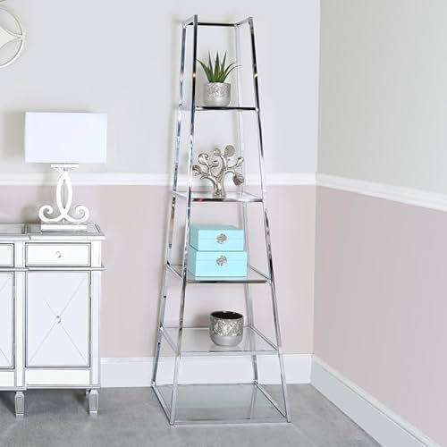 VANITY LIVING 5-Tier Glass Display Shelf, Stainless Steel Frame, Modern Storage Organizer, Corner Ladder Bookshelf, Home & Office Decor, Space-Saving Display Stand