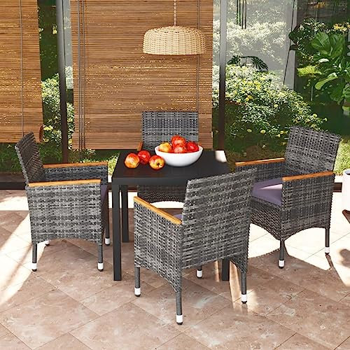 KATERYY 5-TLG. Garten-Essgruppe mit Kissen Poly Rattan Grau,Gartengruppe EsstischSet mit 4 Stühlen Stilvoll und wetterfest für Garten, Terrasse und Balkon
