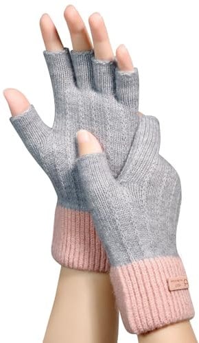Winter Fingerless Gloves UK, Women Warm Knit Half Fingers Mittens Thermal Fingerless Gloves Ladies Half Fingers for Ladies Driving Working Typing, Red,Grey