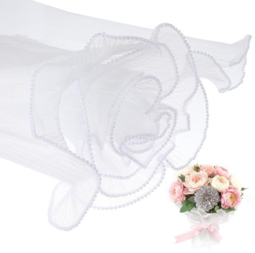 Sibba Carta da Imballaggio per Bouquet di Fiori Bianchi Impermeabile con Nastro con Bordo Perlato Carta da Imballaggio Rugosa Traslucida Forniture per Fioristi Fai Da Te 28 X 365 cm