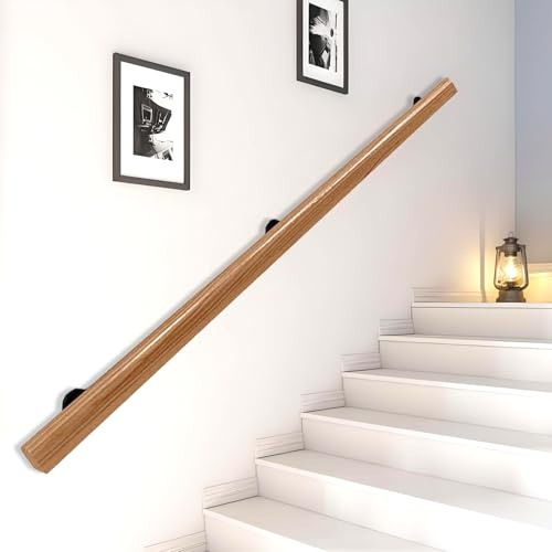 Pasamanos De Madera Redondo, Barandilla De Escalera Interiores, Antideslizante Barra De Soporte para Pasillo con Kit Completo, De 50-400 cm, Con 2 Soportes Para Ancianos (madera, 150cm)