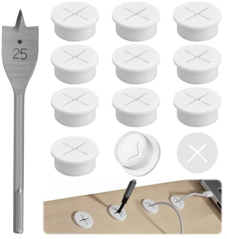 12 Stück Kabeldurchführung 25mm Flexible Silikon Kabeldurchführun Schreibtisch Kabeldurchführung Weiß Kabeldurchlass Schreibtisch Runde Kabeldurchführun für Büro Wohnaccessoires (Mit 1 Bohrer)
